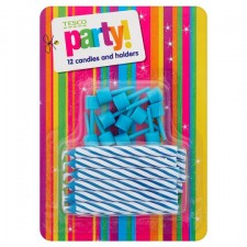 Tesco Blue Candy Stripe 12 Candles And Holder