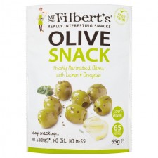 Mr Filberts Olive Snacks Pitted Green Olives with Lemon and Oregano 65g