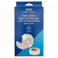 Tesco Clear Sticky Tape and Dispenser with 4 Tape Refills 18mm x 30m