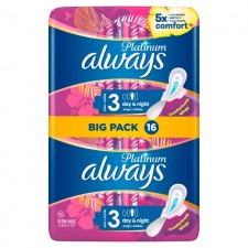 Always Platinum Day and Night Size 3 Sanitary Towels with Wings 16 Pack
