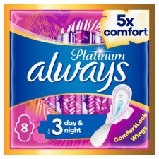 Always Platinum Day and Night Size 3 Sanitary Towels with Wings 8 Pack